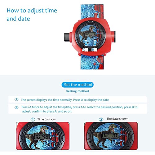 Del proyector de los niños juguete divertido del proyector del dinosaurio de la historieta Proyector de reloj digital con 24 imágenes de dinosaurios con correa ajustable Story Juguete educativo Beeyuk