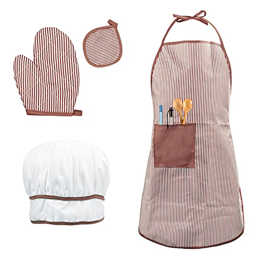 Delantal para Niños Delantal Chef Cocina con Gorro de Chef, Manopla Cocina, Tapete Resistente Calor para Cocinar Hornear, Ajustable Niñito Delantales Cocina Chef para Niños Niñas 3 a 8 Años (marrón)