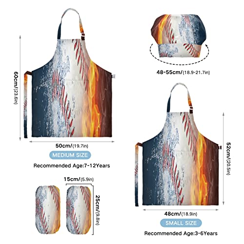 Delantales para niños para niñas, pelota de béisbol en fuego y agua, juego de cocina para niños, paquete de 3 ajustables, juego para hornear para niños, perfecto para cocinar, hornear, pintar y regal