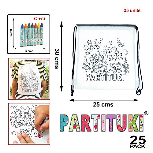 Detalles para Niños Partituki. 25 Mochilas para Colorear y 25 Sets de 7 Ceras de Colores. Detalles Fiestas Infantiles. Con Certificado CE de no Toxicidad