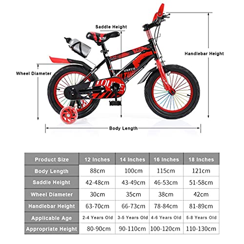 DHMKL 12/14/16/18/20 Pulgadas Bici Infantiles Bicicletas NiñOs con Rueda Auxiliar Intermitente Conveniente Botella Agua Guardabarros/Asa/Asiento Ajustables Adecuado para NiñOs 2 A 8 AñOs