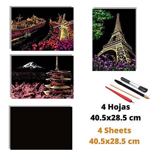 Dibujos para rascar. Torre Eiffel Molinos Holanda Monte Fuji. Láminas con fondo colorido para rascar. Scratch Painting. Manualidad rascar Serie ciudades.Hojas de rascar. Sets de 3 hojas de 40.5*28.5cm