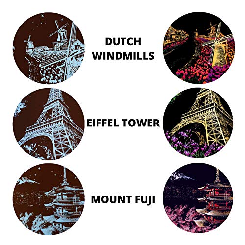 Dibujos para rascar. Torre Eiffel Molinos Holanda Monte Fuji. Láminas con fondo colorido para rascar. Scratch Painting. Manualidad rascar Serie ciudades.Hojas de rascar. Sets de 3 hojas de 40.5*28.5cm