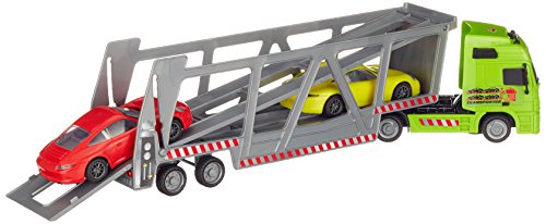 Dickie Toys- Car Transporter Camión Trailer Transporte, AImpulsado a fricción, Incluye Dos Coches Porsche, Remolque Desmontable, para Niños a Partir de 3 Años, Color Verde (3747005)