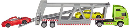 Dickie Toys- Car Transporter Camión Trailer Transporte, AImpulsado a fricción, Incluye Dos Coches Porsche, Remolque Desmontable, para Niños a Partir de 3 Años, Color Verde (3747005)