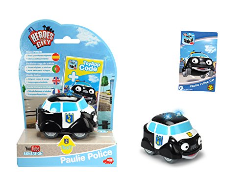 Dickie Toys - Héroes de la Ciudad, Paul Policía, el Coche de policía con luz, Canciones Originales, Sonidos y función de Rueda Libre, Incluye Tarjeta de colección con código Secreto