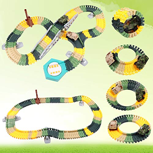 DigHealth 225 PCS Pista de Carreras Dinosaurios Set con Flexible Circuito Carrera, Coche de Carreras, Dinosaurios Juguetes, Soldados, Jaula y Árboles, Regalo de Cumpleaños para Niños 3-8 Años