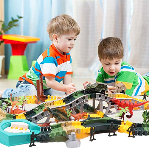 DigHealth 225 PCS Pista de Carreras Dinosaurios Set con Flexible Circuito Carrera, Coche de Carreras, Dinosaurios Juguetes, Soldados, Jaula y Árboles, Regalo de Cumpleaños para Niños 3-8 Años