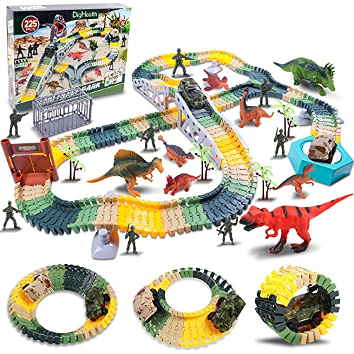 DigHealth 225 PCS Pista de Carreras Dinosaurios Set con Flexible Circuito Carrera, Coche de Carreras, Dinosaurios Juguetes, Soldados, Jaula y Árboles, Regalo de Cumpleaños para Niños 3-8 Años