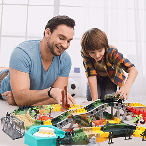 DigHealth 225 PCS Pista de Carreras Dinosaurios Set con Flexible Circuito Carrera, Coche de Carreras, Dinosaurios Juguetes, Soldados, Jaula y Árboles, Regalo de Cumpleaños para Niños 3-8 Años