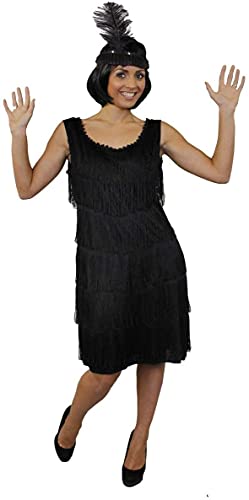 DISFRAZ DE FLAPPER DE LUJO PARA MUJER - VESTIDO CON FLECOS DE LOS AÑOS 20 EN NEGRO CON UN TOCADO DE LENTEJUELAS DE PLUMAS A JUEGO DE LOS AÑOS 20 CHARLESTON - TALLA: PEQUEÑA (EUR 38/40)