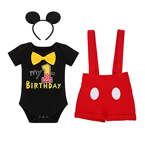 Disfraz infantil de Mickey para niños de 4 piezas con lazo para los oídos, #A: Negro Mon 1 Anniversary, 12-18 Meses