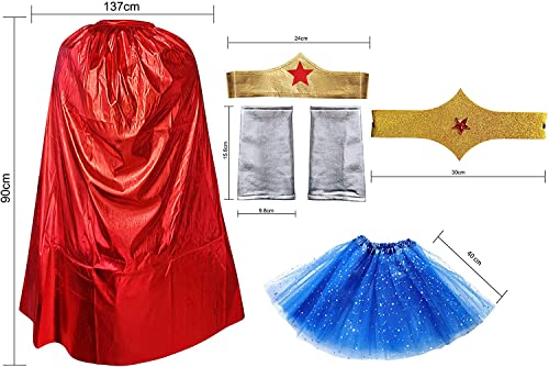 Disfraz Superhéroe Poder Niña Mujer,Conjunto Falda Tutú con Estrella, Capa, Pulseras Cinturón y Tocado (Pack Rojo Superwoman)