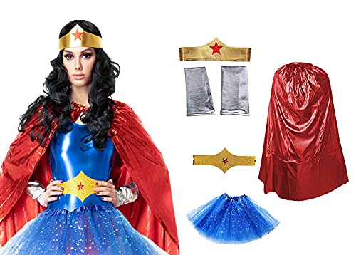 Disfraz Superhéroe Poder Niña Mujer,Conjunto Falda Tutú con Estrella, Capa, Pulseras Cinturón y Tocado (Pack Rojo Superwoman)