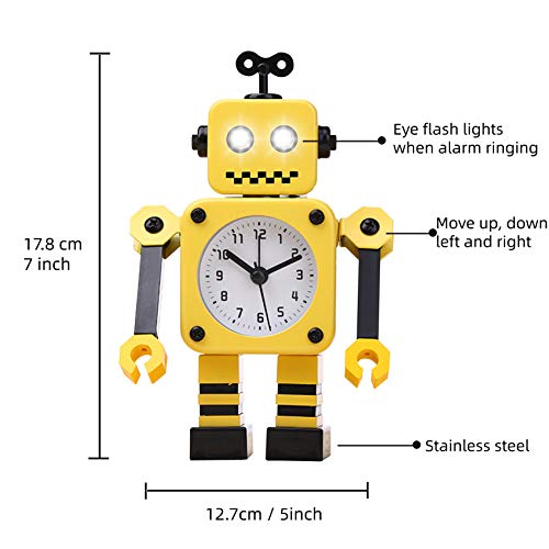 Diskary Reloj Despertador en Forma de Robot de Acero Inoxidable, Silencioso, con Ojos Que se Iluminan y Brazos Giratorios, un Regalo Ideal para Niños y Niñas (Amarillo Negro)