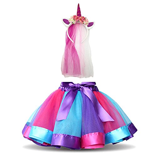 DIXIUZA Disfraz para Niñas Diadema Unicornio Floral con Oreja y Falda Tutú Vestido de Arco Iris Disfraz