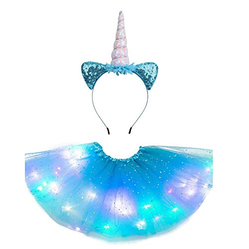 DIXIUZA Falda tutú para niñas, disfraz de princesa con diadema de unicornio para fiesta de baile y carnaval, azul,