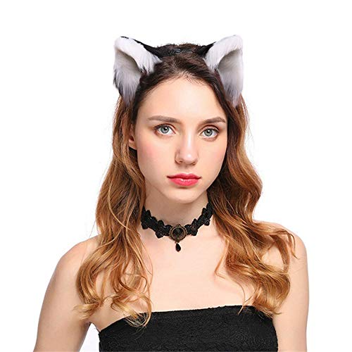 Dodheah Orejas de Gato Orejas de Zorro Diadema Mujer Niñas para Cosplay Disfraz de Halloween Carnaval Blanca+Negra