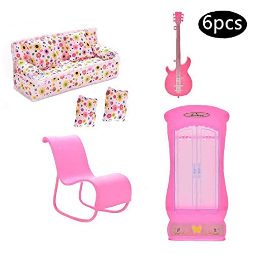 Dollhouse Muebles, Accesorios para La Casa De Muñecas De Juguete Muñeca Accesorios Muebles Mini Sofá Sofá Guitarra Armario Ropero Mecedora Accesorios Cojines De Juguetes De La Muñeca 6pcs