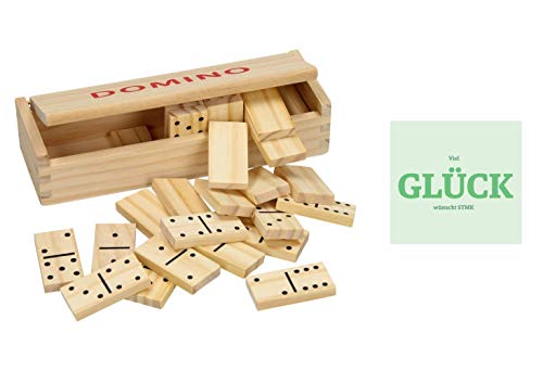 Domino de madera, 28 piedras, incluye instrucciones de juego, caja de madera y pegatina de la suerte (idioma español no garantizado).