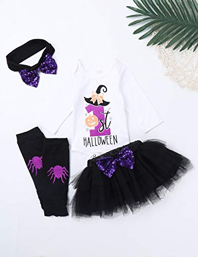 dPois Bebé Niñas Halloween Disfraz de Bruja Calabaza Estampado Conjunto de 4 Piezas Mameluco Manga Larga + Falda de Tul Tutu + Diadema Carnaval Navidad Fiesta Cosplay Negro&Blanco 12-18 Meses