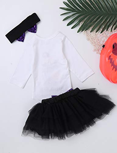 dPois Bebé Niñas Halloween Disfraz de Bruja Calabaza Estampado Conjunto de 4 Piezas Mameluco Manga Larga + Falda de Tul Tutu + Diadema Carnaval Navidad Fiesta Cosplay Negro&Blanco 12-18 Meses