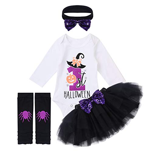 dPois Bebé Niñas Halloween Disfraz de Bruja Calabaza Estampado Conjunto de 4 Piezas Mameluco Manga Larga + Falda de Tul Tutu + Diadema Carnaval Navidad Fiesta Cosplay Negro&Blanco 12-18 Meses