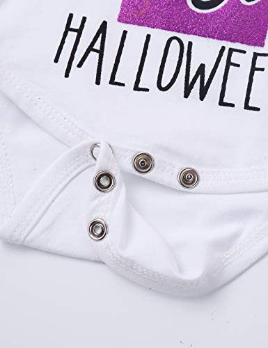 dPois Bebé Niñas Halloween Disfraz de Bruja Calabaza Estampado Conjunto de 4 Piezas Mameluco Manga Larga + Falda de Tul Tutu + Diadema Carnaval Navidad Fiesta Cosplay Negro&Blanco 12-18 Meses