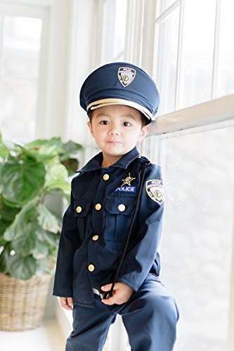 Dress Up America Disfraz de policía de para niños: el juego incluye camisa, pantalones, sombrero, cinturón, silbato, funda de pistola y juego de policía de Walkie Talkie