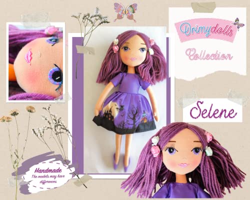 DRIMYDOLLS - Muñeca de Trapo de Moda en Morado Niña, Suave, Diseño Exclusiva, Hecha a Mano, Blandita, 35 CM, Ojos Arcoiris, Regalo Juguetes niñas, Colección Selene, Serie Limitada 300 UD. en el Mundo