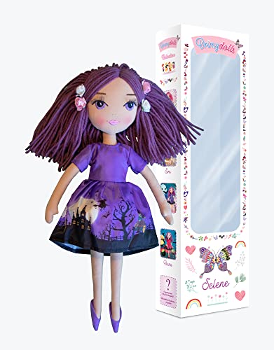 DRIMYDOLLS - Muñeca de Trapo de Moda en Morado Niña, Suave, Diseño Exclusiva, Hecha a Mano, Blandita, 35 CM, Ojos Arcoiris, Regalo Juguetes niñas, Colección Selene, Serie Limitada 300 UD. en el Mundo