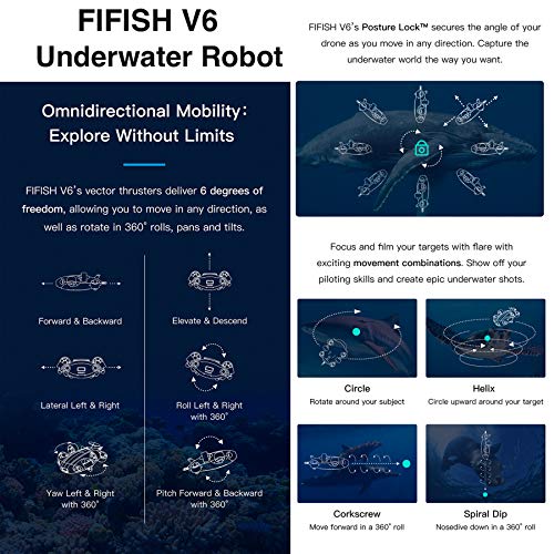 Dron submarino Cámara Fifish V6 QYSEA Amplio Ángulo 162˚ 6 Direcciones de movimiento 4K UHD 12 Mp Cable 100 metros Profundidad VR Gafas 64GB Video Fotograbación Pesca Mundo Submarino 843823