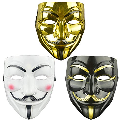 DWTECH Paquete de 3 máscaras en V para máscara Vendetta para adultos/niños Guw Fawkes máscara anónima, semana del libro mundial, kit de Halloween para Halloween, cosplay, regalo de fiesta