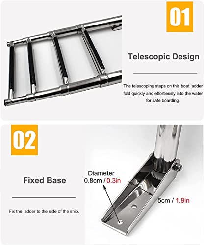 DWXN Escala Barras De Barco Barras De Barco Doblando 4 Pasos, Horarios De Extensión De Acero Inoxidable Telescópico para Yate/Piscina, Fácil De Instalar
