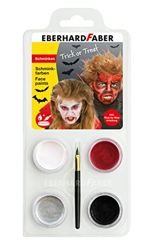 Eberhard Faber 579028 – Juego de Colores de Maquillaje Diablo Drácula con 4 Colores, Pincel e Instrucciones, Soluble en Agua, Secado rápido, Set de Maquillaje para niños para Pintar Caras