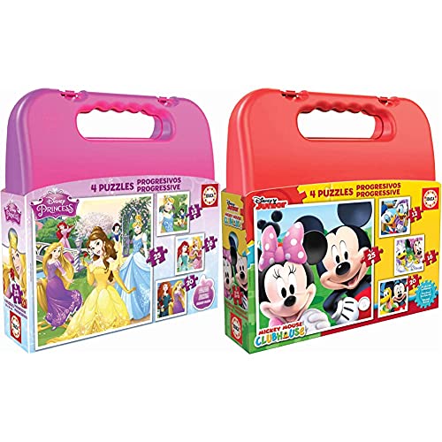 Educa Princesas Disney Maleta, Conjunto De Puzzles Progresivos, Multicolor (16508) + Mickey Mouse Maleta con Puzzles Progresivos, Multicolor (16505)