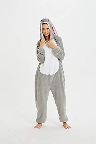 Emmarcon - Pijama Kigurumi - Pijama modelo animalito - Mono enterizo - Ideal incluso como disfraz de Halloween, para fiestas cosplay, etc - Pijama unisex para adulto Conejo gris S