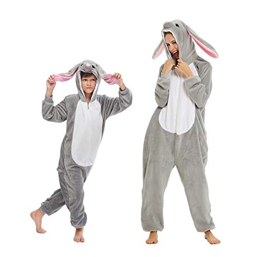 Emmarcon - Pijama Kigurumi - Pijama modelo animalito - Mono enterizo - Ideal incluso como disfraz de Halloween, para fiestas cosplay, etc - Pijama unisex para adulto Conejo gris S