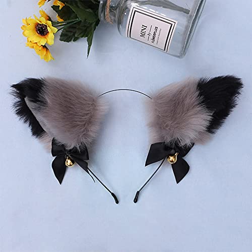 ERHUAN Diadema Orejas Gato, Gato Orejas Pelo Aro, Campanas Diadema Gato , Aro Pelo Orejas Zorro, para Mujeres y Niñas, Decoración Diaria y Para Fiestas, (Negro + Gris)