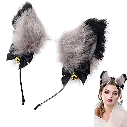 ERHUAN Diadema Orejas Gato, Gato Orejas Pelo Aro, Campanas Diadema Gato , Aro Pelo Orejas Zorro, para Mujeres y Niñas, Decoración Diaria y Para Fiestas, (Negro + Gris)