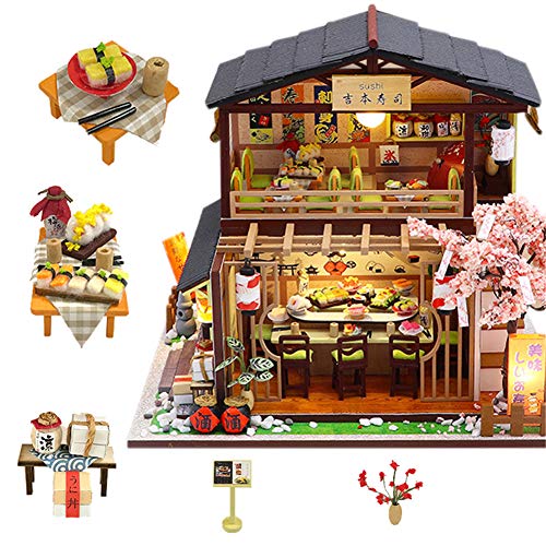 erhumama DIY casa de muñecas japonesa con cubierta antipolvo Led muebles kits en miniatura hecho a mano de madera tienda de sushi rompecabezas juguete niños regalo de cumpleaños