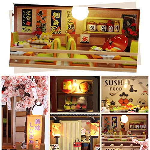 erhumama DIY casa de muñecas japonesa con cubierta antipolvo Led muebles kits en miniatura hecho a mano de madera tienda de sushi rompecabezas juguete niños regalo de cumpleaños