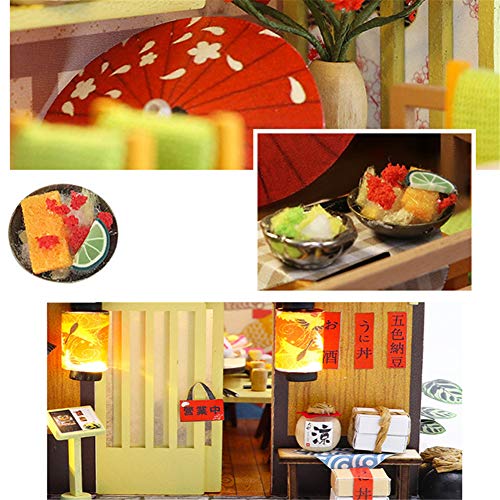 erhumama DIY casa de muñecas japonesa con cubierta antipolvo Led muebles kits en miniatura hecho a mano de madera tienda de sushi rompecabezas juguete niños regalo de cumpleaños