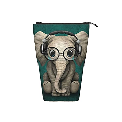 Estuche telescópico para lápices ，Elefante con gafas y auriculares， Porta lápices de pie Estuche para lápices Estuche para papelería Estuche con cremallera Estuche para cosméticos.