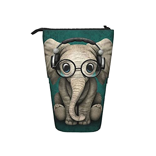 Estuche telescópico para lápices ，Elefante con gafas y auriculares， Porta lápices de pie Estuche para lápices Estuche para papelería Estuche con cremallera Estuche para cosméticos.