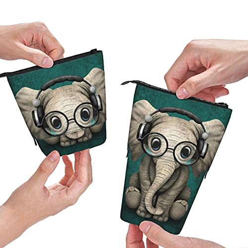 Estuche telescópico para lápices ，Elefante con gafas y auriculares， Porta lápices de pie Estuche para lápices Estuche para papelería Estuche con cremallera Estuche para cosméticos.