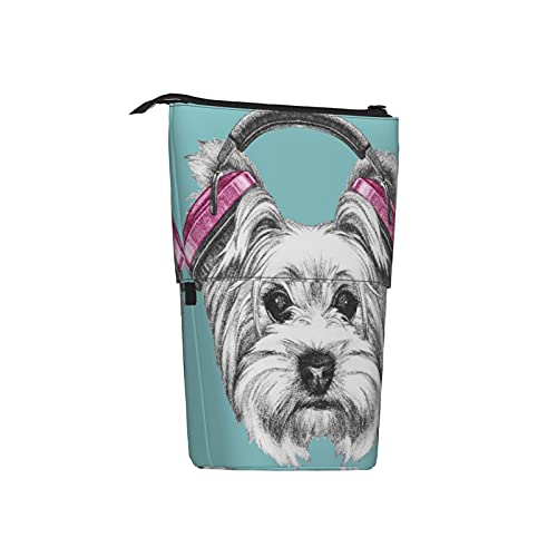 Estuche telescópico para lápices ，Perro con auriculares escuchando música Yorks， Porta lápices de pie Estuche para lápices Estuche para papelería Estuche con cremallera Estuche para cosméticos.