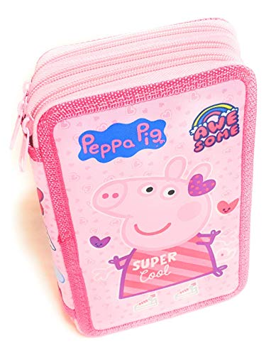 Estuches Peppa Pig de Lapìces Completo, Estuche Peppa Pig, Triple con Tres Cremlleras, Estuche Escolar con Peppa Pig, Gran Capacidad para la Escuela, Articulos Incluidos