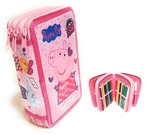 Estuches Peppa Pig de Lapìces Completo, Estuche Peppa Pig, Triple con Tres Cremlleras, Estuche Escolar con Peppa Pig, Gran Capacidad para la Escuela, Articulos Incluidos