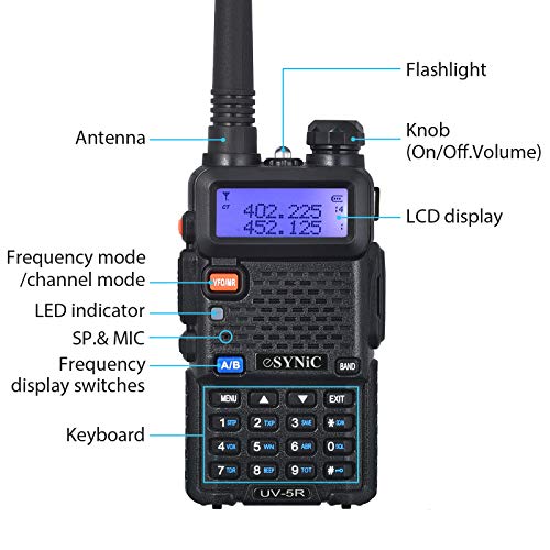 eSynic UV-5R Walkie Talkie 128 Canales VOX 400MHz-480MHz VHF/UHF Banda Dual con Pantalla LED de Memoria con Explosión Parpadeo de Alarma Soporta VOX para Sitio de Construcción Hotel Adventure